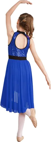 Vista 2 de TiaoBug Vestido de baile de ballet lírico con lentejuelas para niñas, falda alta y baja, disfraz de salón moderno y contemporáneo de jazz latino