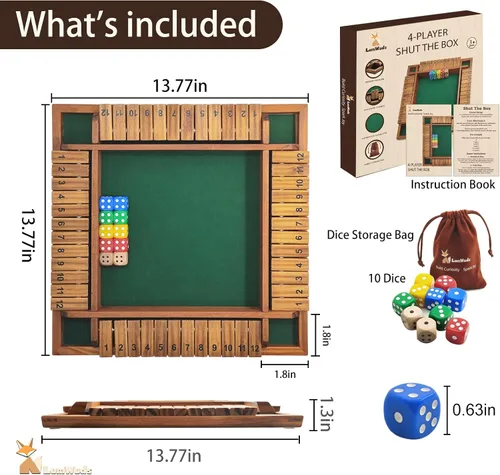 Vista 7 de Shut The Box Game Tablero de madera (13.78 pulgadas) para 1-4 jugadores, juegos de dados familiares para adultos con 12 dados, aprendizaje educativo