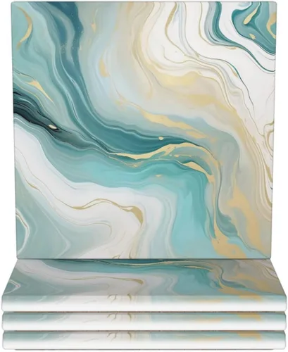 Vista 22 de Abstract Green and Gold Marble Ceramic Coaster Set of 4