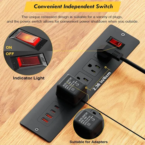 Vista 3 de Kungfuking Regleta de alimentación empotrable USB C de 65 W, con certificación UL, salida de montaje empotrado para muebles con USB, interruptor