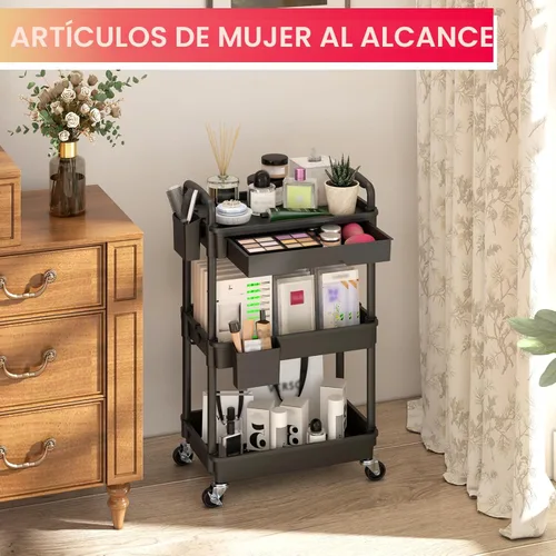 Vista 5 de Goovilla Organizador de carrito utilitario de 3 niveles con cajón extraíble, carritos de almacenamiento rodantes negros estables y resistentes con 2