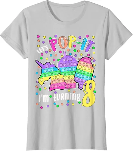 Vista 17 de Let's Pop-it I'm turning 8 Colorful 8th Birthday - Camiseta para niña, Negro
