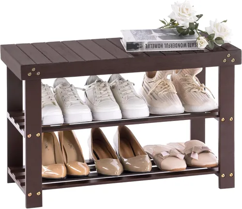 Vista 9 de Apicizon Banco de Zapatos de Bambú para Entrada, Banco Organizador de Zapatos de 3 Niveles para Puerta Principal, Pequeño Organizador de Zapatos