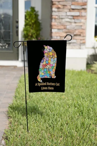Vista 7 de Bandera de jardín con gato podrido y mimado, decoración de banderas de jardín de gato de doble cara, colorido diseño de bienvenida, regalo