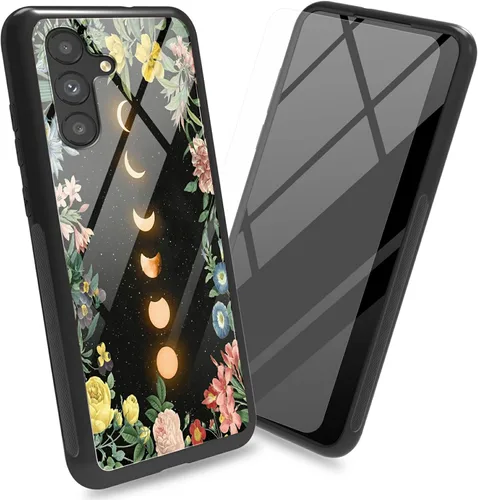 Vista 27 de Funda para Samsung Galaxy A13 5G con protector de pantalla, cubierta trasera de vidrio templado, diseño de flores de gato negro, marco de Flores