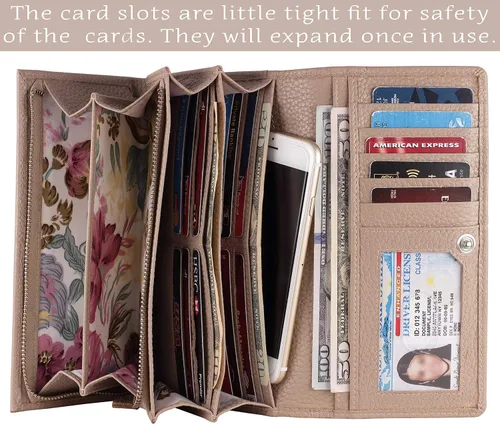 Vista 16 de Mou Meraki - Billetera o bolsa de mano de cuero genuino, con bloqueo de seguridad RFID, con escudo contra el robo de identidad, para mujeres
