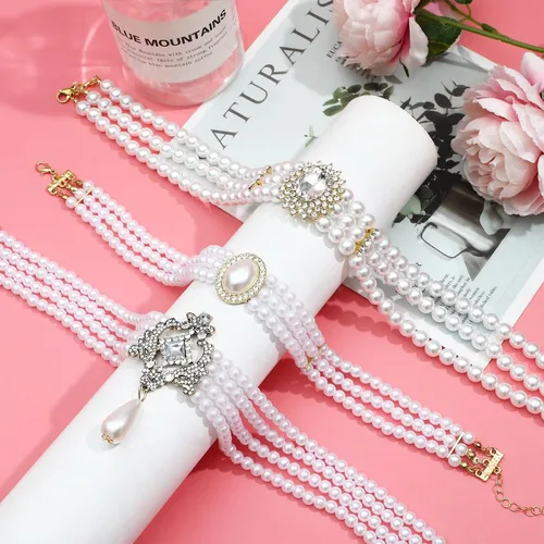 Vista 3 de NEWITIN 6 collares de perlas de diamantes de imitación para mujer, gargantilla de perlas en capas con diamantes de imitación de los años 20, collar