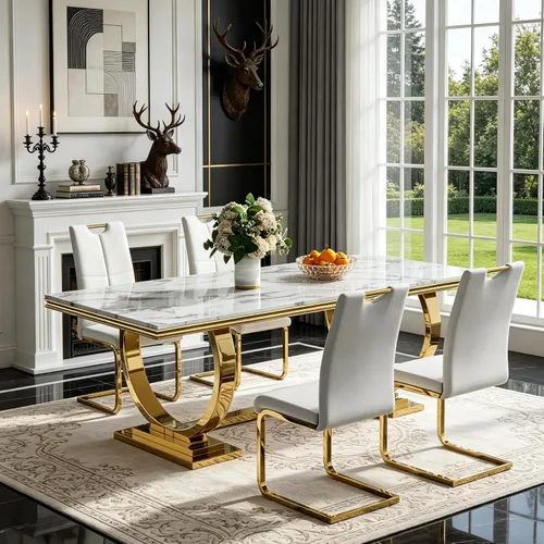 Vista 17 de 5 Piece Black Marble Dining Table Set for 4, Modern Faux Marble Kitchen Dining Room Tables with 4 Leather Chairs Set, 68.11" Luxury Rectangular