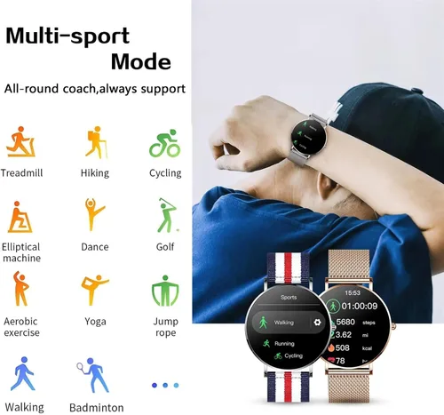 Vista 5 de Reloj inteligente de moda para mujeres y hombres, pantalla táctil Bluetooth, reloj inteligente de acero inoxidable/correa de nailon para monitoreo