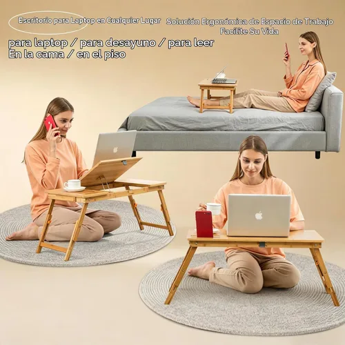 Vista 2 de Nnewvante - Mesa de bambú para laptop, bandeja de regazo ajustable, bandeja para servir cama, mesa de desayuno, mesa de café plegable, 7 ángulos