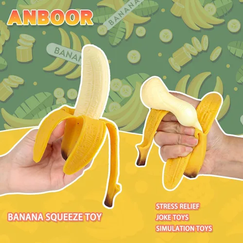 Vista 2 de Anboor Juguetes Squishies de Plátano, Juguete Pelota Antiestrés de Plátano Elástica, Juguete Sensorial de Simulación de Plátano para Aliviar