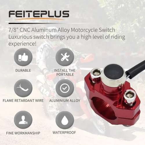 Vista 2 de CNC Aluminio 7/8 "Manillar de motocicleta Control cuerno arranque interruptor botón acción momentánea con dos conectores bala rojo