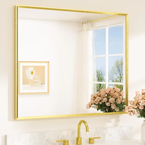 Vista 14 de TETOTE Espejo de baño dorado cepillado de 20" x 30", espejo de tocador de baño rectangular de latón dorado cepillado con marco biselado para sobre