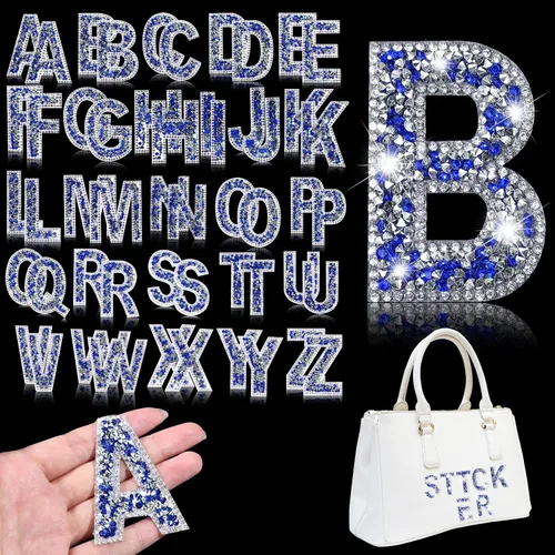 Vista 13 de Yinder 26 piezas de pegatinas de letras con purpurina y diamantes de imitación, diamantes de imitación para planchar, letras autoadhesivas A-Z Negro
