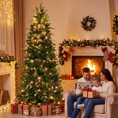 Vista 2 de Artificial Christmas Tree, with LED Lights & Metal Stand, Indoor Xmas Decor, 7.5 Feet