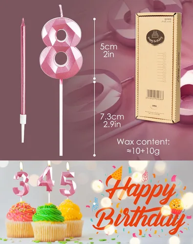 Vista 6 de Vela rosa de cumpleaños número 1 con 6 velas largas, decoraciones de decoración de pastel para fiesta de niña de 1 año, suministros de celebración
