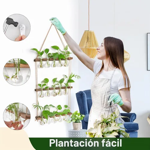 Vista 5 de XXXFLOWER Wall Hanging Propagation Station 5 Bulb Vase 3 Tiers Brown Transparente