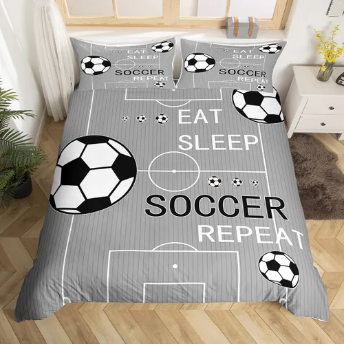Vista 23 de jejeloiu Juego de ropa de cama de fútbol para niños, tamaño individual, juego de funda de edredón de fútbol para niños y niñas, funda de edredón