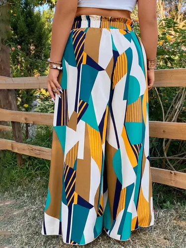 Vista 2 de WDIRARA Pantalones de pierna ancha con cordón en la cintura con estampado de talla grande para mujer