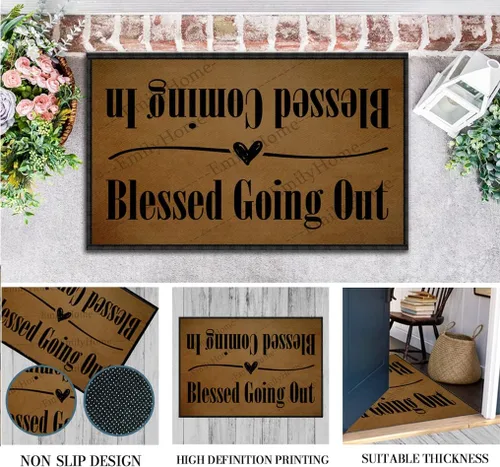 Vista 7 de Tapete para puerta delantera, para entrada interior, con texto en inglés "Blessed Coming in Blessed Going Out", alfombra de entrada