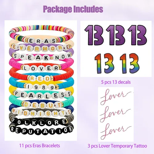 Vista 3 de SEICHYGO 11 pulseras inspiradas en Taylor para Swiftie Outfit Jewelry 1989 Fearless Folklore Speak Now Red Evermore con 5 piezas 13 TS y 3 tatuajes