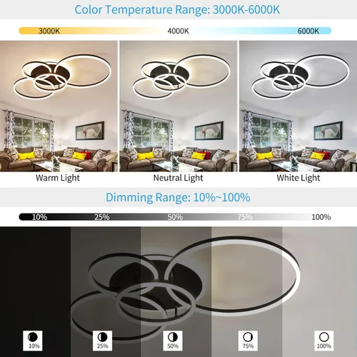 Vista 2 de Lámpara de techo LED moderna de 90W regulable con control remoto, 5 anillos, lámpara de techo empotrada, candelabro acrílico negro LED para sala