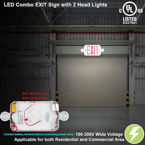 Vista 7 de LIT-PaTH Letrero LED de salida combinado con 2 luces de cabeza ajustables y cara doble, baterías de respaldo, iluminación de salida de emergencia