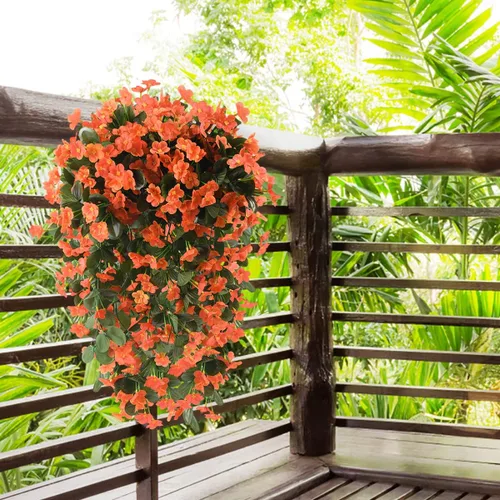 Vista 2 de Flores artificiales colgantes falsas para decoración de otoño al aire libre, 2 piezas de seda sintética violeta, aspecto resistente a los rayos UV A