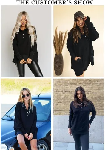 Vista 4 de SHEWIN Sudadera de gran tamaño para mujer, casual, con botones, cuello en V, con bolsillo