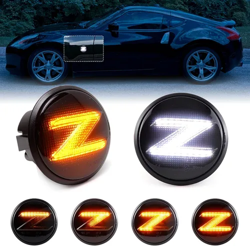 Vista 9 de Luces de señal lateral secuencial LED Amber para Nissan 370z Z34 2009-2020, 350Z Z33 2003-2009, reemplazan la señal de giro OEM 26165-1EK0A, lente