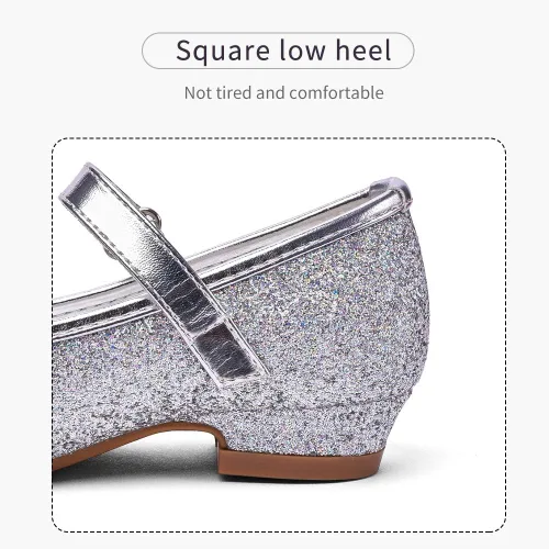 Vista 5 de Stelle - Zapatos de vestir para niñas pequeñas, zapatos de princesa con purpurina y flores, tacón bajo estilo Mary Jane, ideales para fiestas y bodas