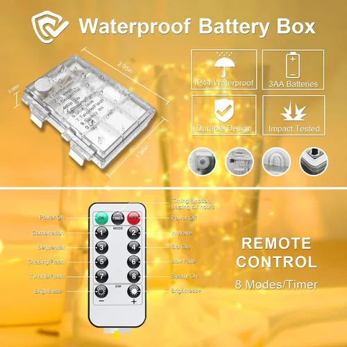 Vista 5 de JMEXSUSS 100 luces LED de cuerda a pilas impermeables para exteriores Blanco cálido