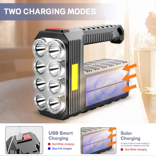 Vista 3 de Linterna Solar de 8 LED con Luz Lateral COB, 1000 Lúmenes Linternas Alimentadas por Energía Solar, Linternas de Mano Impermeables con Carga Solar