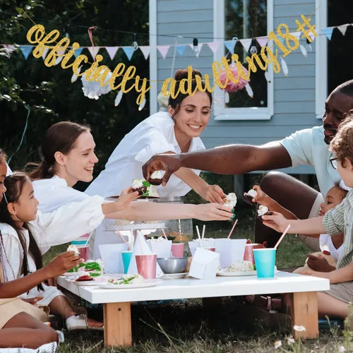 Vista 6 de Cartel oficial de 18 años con purpurina dorada para adultos, con texto en inglés "Time to Adult, Happy 18th Birthday", decoraciones de 18 años