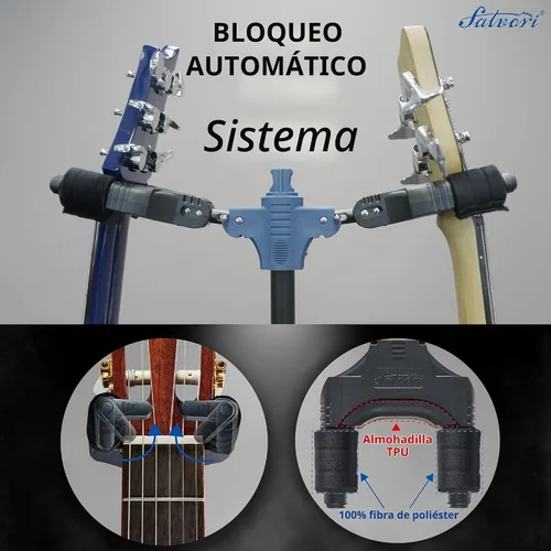 Vista 2 de Salvori Soporte plegable doble para guitarra con sistema de bloqueo automático y trípode sólido, soporte/soporte/estante doble/múltiple para bajo