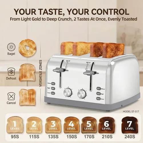 Vista 2 de Tostador retro de 4 rebanadas de acero inoxidable, el mejor tostador Prime de 4 rebanadas con ranura ancha y 7 configuraciones de tostado, perfecto