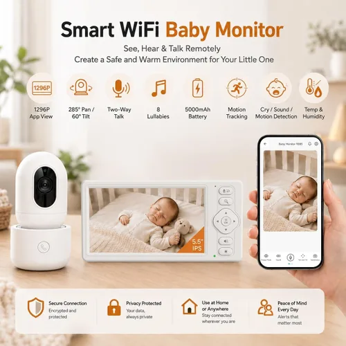 Vista 2 de Blemil Monitor de bebé WiFi inteligente de 5.5 pulgadas con cámara y audio