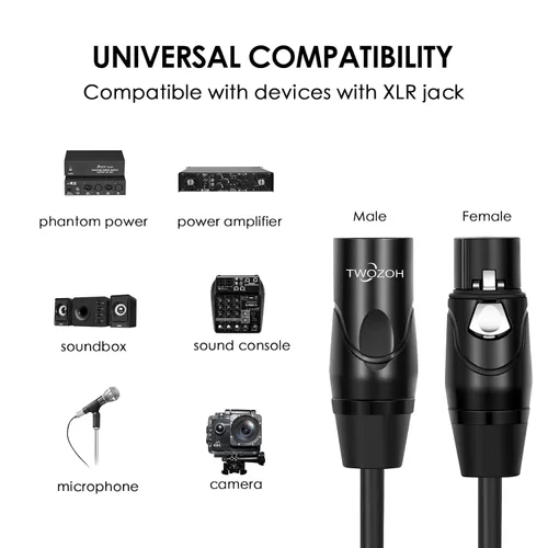 Vista 2 de Twozoh Cables XLR de 6.6 pies, XLR macho a hembra equilibrado 3 PIN XLR cable de micrófono (profesional/HiFi)