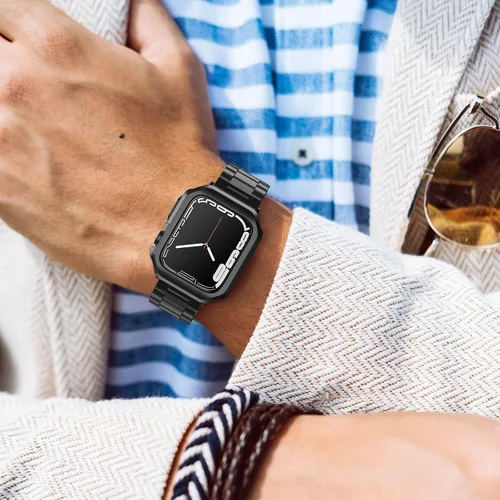 Vista 7 de Compatible con Apple Watch Banda y Estuche, Cadena de Metal de Acero Inoxidable con Cubierta de TPU, Correa de Pulsera de Eslabones