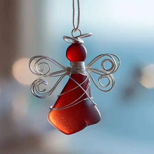 Vista 2 de Adorno de ángel de cristal de mar hecho a mano, hecho a mano, decoración de ángel envuelto en alambre plateado, decoración única de árbol de Navidad