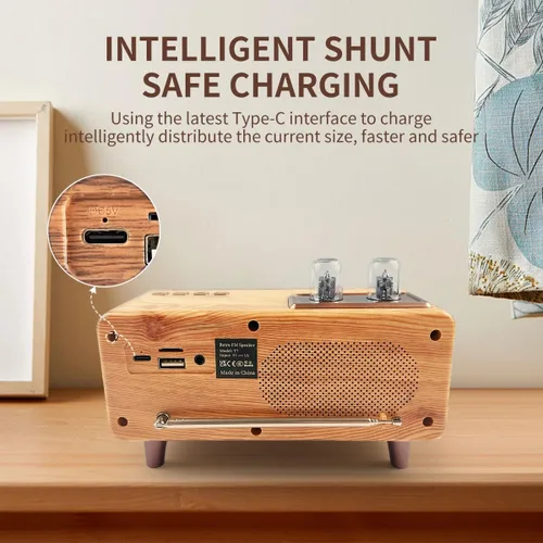 Vista 5 de CYBORIS Altavoz Bluetooth retro, radio vintage de madera natural Rotary FM Radio FM 20W altavoces duales estéreo, con disco U, tarjeta TF/función