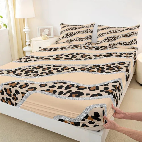 Vista 8 de Erosebridal Sábanas de cama de guepardo, sábana bajera con estampado de leopardo, tamaño individual, sábanas de rayas marrones, funda de cama