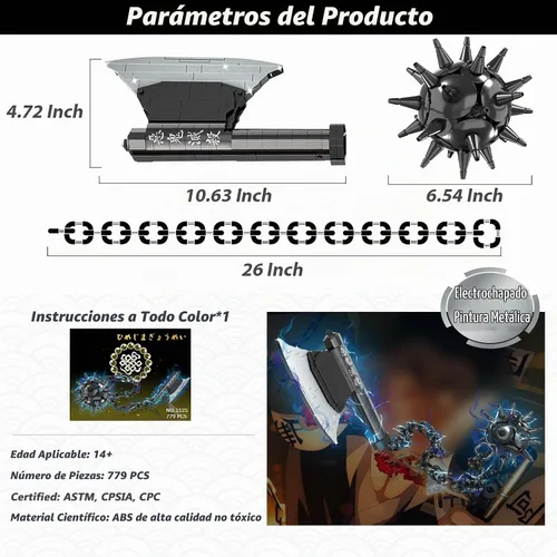 Vista 3 de HIGH GODO Demon Anime Sword Building Set, Kit de Bloques de Hacha y Martillo Meteoro de 43 Pulgadas, Set de Bloques de Construcción de Armas