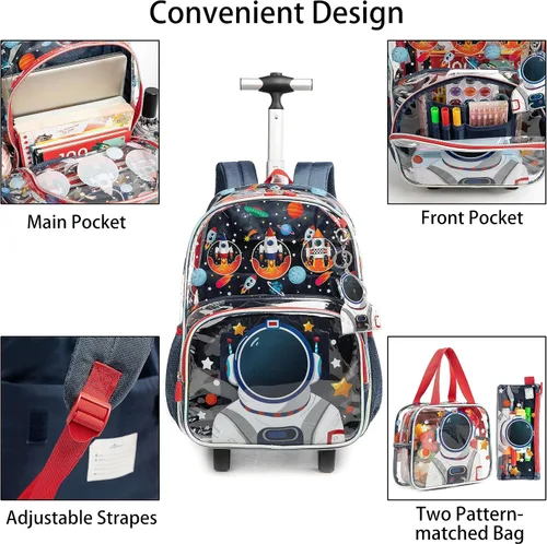 Vista 4 de Mochila transparente con ruedas para niños y niñas, Astronaut, Lindo