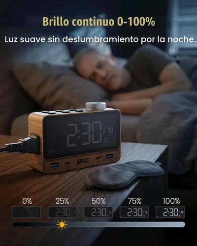 Vista 7 de SUPERDANNY Reloj despertador con PD de 20 W, 4 puertos USB, tira de alimentación de 2 tomas de CA, relojes despertadores digitales para dormitorios