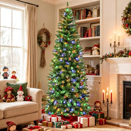 Vista 14 de Hykolity - Árbol de Navidad delgado preiluminado de 6 pies con 200 luces LED blancas cálidas Verde