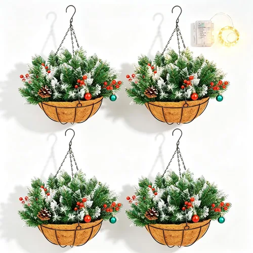 Vista 7 de Cesta colgante de Navidad artificial de 20 pulgadas, paquete de 2 2 cestas de flores de Navidad