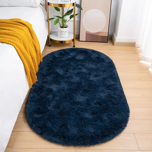 Vista 16 de Goideal - Alfombra esponjosa de dormitorio, alfombra pequeña ovalada, alfombra negra peluda para mesita de noche, ideal para habitación infantil