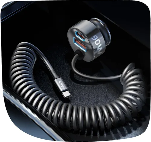 Vista 7 de LISEN - Cargador de coche con cable en espiral USB-C integrado de 36 pulgadas de 45 W, adaptador de encendedor de cigarrillos de carga rápida