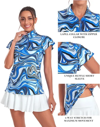 Vista 3 de Tanst Sky Polo de golf para mujer, con cremallera, volantes, manga corta, para entrenamiento, secado rápido